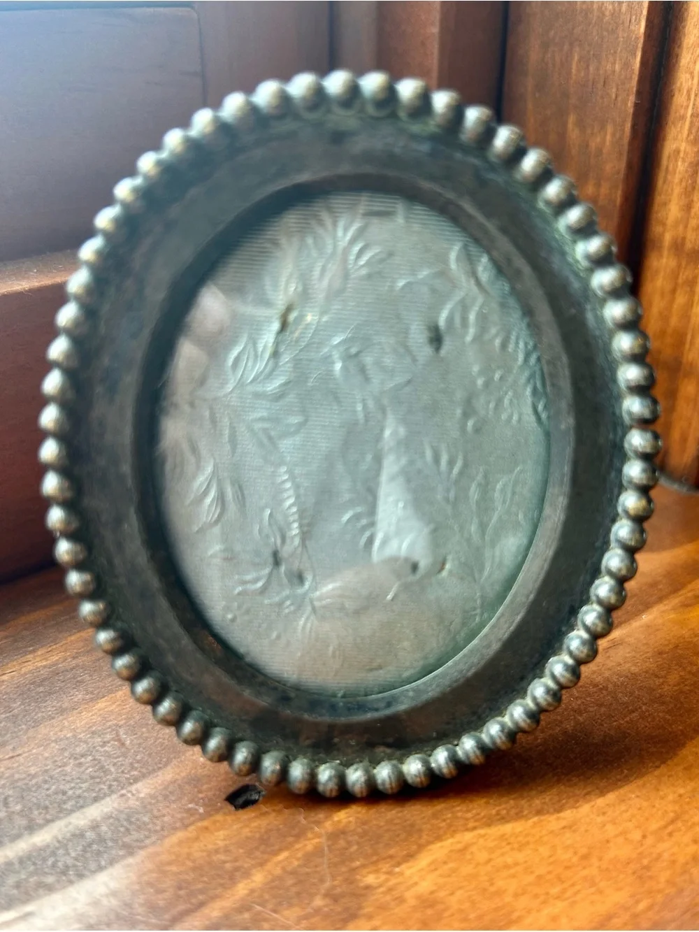 Vintage Antique Brass Beaded Oval Miniature Picture Frame Tabletop Stand 3x2.5